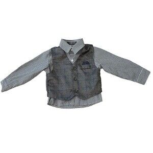 Andrew Fezza Boys 24M Dress Shirt & Vest Set Black White Gingham Plaid Formal